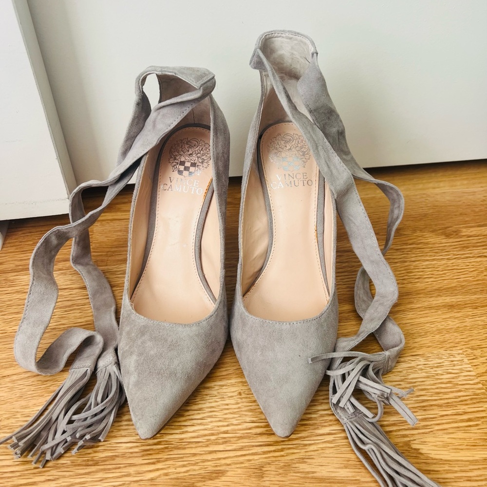 Vince Camuto Taupe Suede Lace-Up Heels